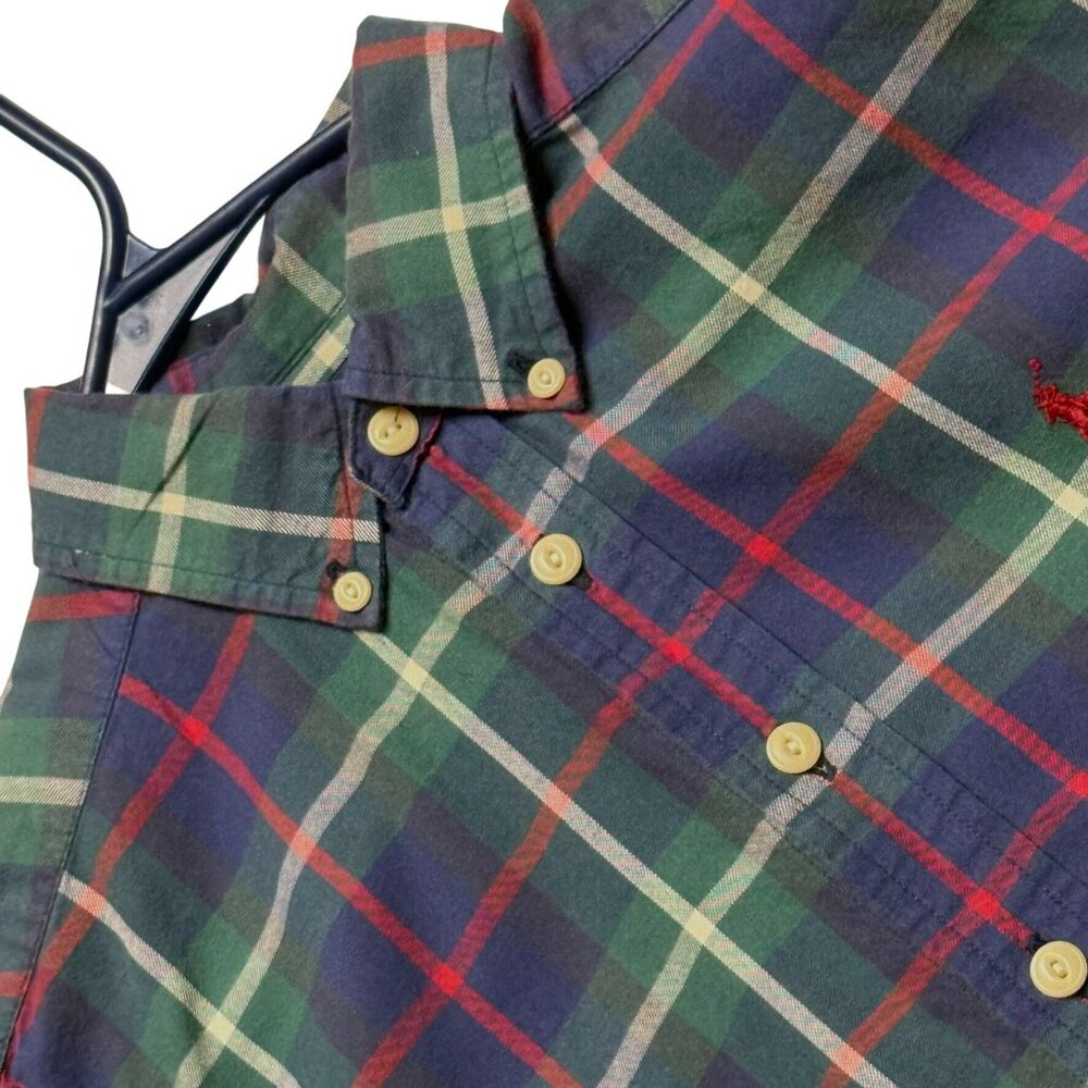 Ralph Lauren Boys Size M Plaid‎ Flannel Long-Sleeve Shirt Green/Blue Excellent